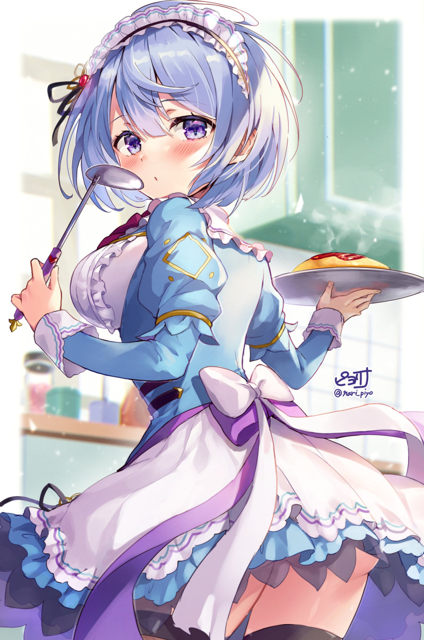 1girl absurdres artist_name ass blue_hair blush breasts commentary_request flower_knight_girl food from_behind highres indoors ipheion_(flower_knight_girl) kitchen ladle large_breasts long_sleeves looking_at_viewer looking_back maid maid_headdress omurice piyoyanagi purple_eyes short_hair solo thighhighs twitter_username