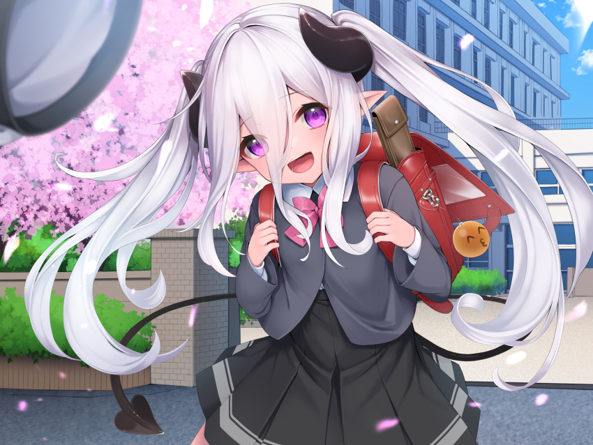 1girl :d backpack bag bangs black_headwear black_jacket black_skirt bow building character_request cherry_blossoms collared_shirt commentary_request day demon_girl demon_horns demon_tail eyebrows_visible_through_hair eyes_visible_through_hair hair_between_eyes hashiko_nowoto hat hat_removed headwear_removed highres holding_strap horns jacket long_hair long_sleeves looking_at_viewer monster_company outdoors pink_bow pleated_skirt purple_eyes randoseru shirt skirt smile solo tail tree twintails very_long_hair white_hair white_shirt wind window