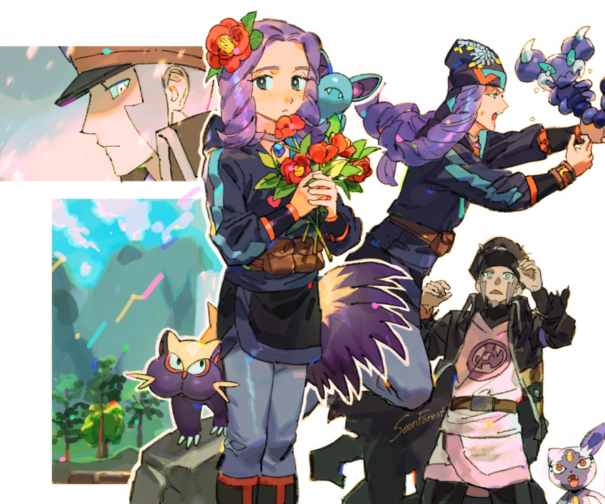 2boys belt belt_buckle black_coat black_footwear black_headwear black_skirt boots bracelet brown_belt buckle coat commentary_request flower grey_eyes grey_hair grey_legwear hair_flower hair_ornament hat high_collar highres hisuian_sneasel holding holding_flower ingo_(pokemon) jacket jewelry long_sideburns male_focus melli_(pokemon) multiple_boys multiple_views open_clothes open_coat pantyhose peaked_cap pearl_clan_outfit pokemon pokemon_(creature) pokemon_(game) pokemon_legends:_arceus purple_hair seonforest short_hair sideburns signature skirt skorupi stunky trench_coat younger zubat