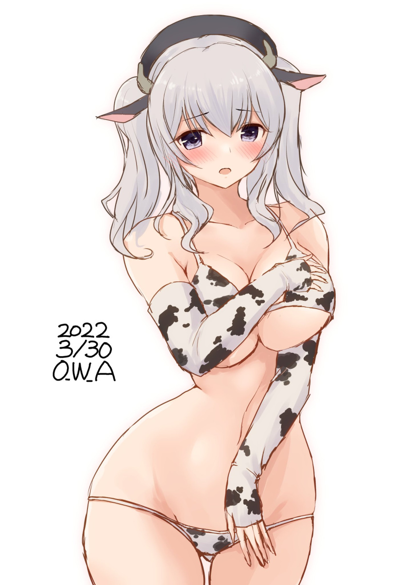 animal_ears animal_print ass_visible_through_thighs bikini blue_eyes breasts commentary_request cow_ears cow_horns cow_print dated elbow_gloves fake_animal_ears fake_horns fingerless_gloves gloves highres horns kantai_collection kashima_(kancolle) large_breasts lowleg lowleg_bikini one-hour_drawing_challenge owa_(ishtail) sidelocks silver_hair simple_background swimsuit twintails twitter_username wavy_hair white_background white_bikini white_gloves