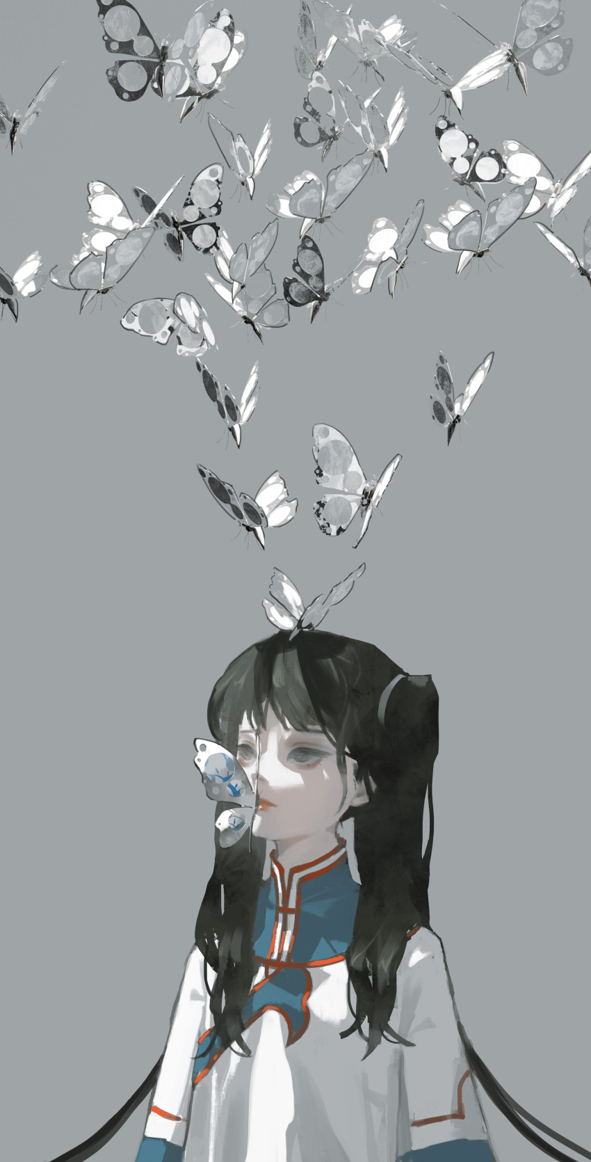 1girl absurdres bangs black_hair bug butterfly chinese_clothes closed_mouth dress grey_background grey_eyes highres long_hair original red_lips simple_background solo tuoer twintails upper_body white_butterfly white_dress