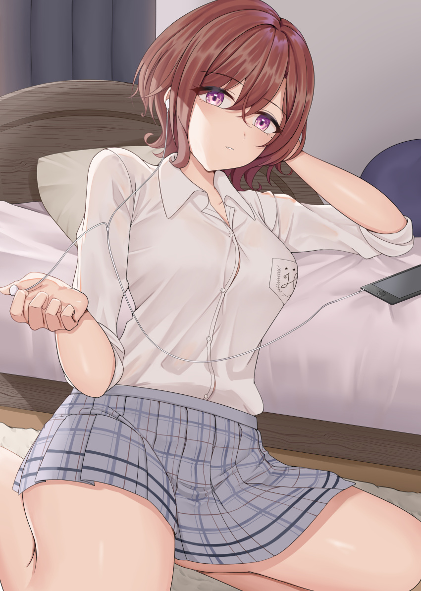 1girl absurdres bangs bare_legs bed bedroom breast_pocket brown_hair cellphone commentary_request earphones giving grey_skirt highres higuchi_madoka idolmaster idolmaster_shiny_colors indoors looking_at_viewer miniskirt mole mole_under_eye moriyama_a phone plaid plaid_skirt pleated_skirt pocket purple_eyes see-through shirt short_hair sitting skirt sleeves_rolled_up smartphone solo swept_bangs thighs wariza white_shirt