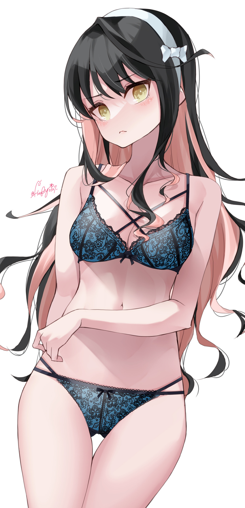1girl absurdres ass_visible_through_thighs black_hair blue_bra blue_panties bra breasts cleavage cowboy_shot haggy hairband highres kantai_collection large_breasts lingerie long_hair multicolored_hair naganami_(kancolle) naganami_kai_ni_(kancolle) panties pink_hair simple_background solo two-tone_hair underwear wavy_hair white_background white_hairband yellow_eyes