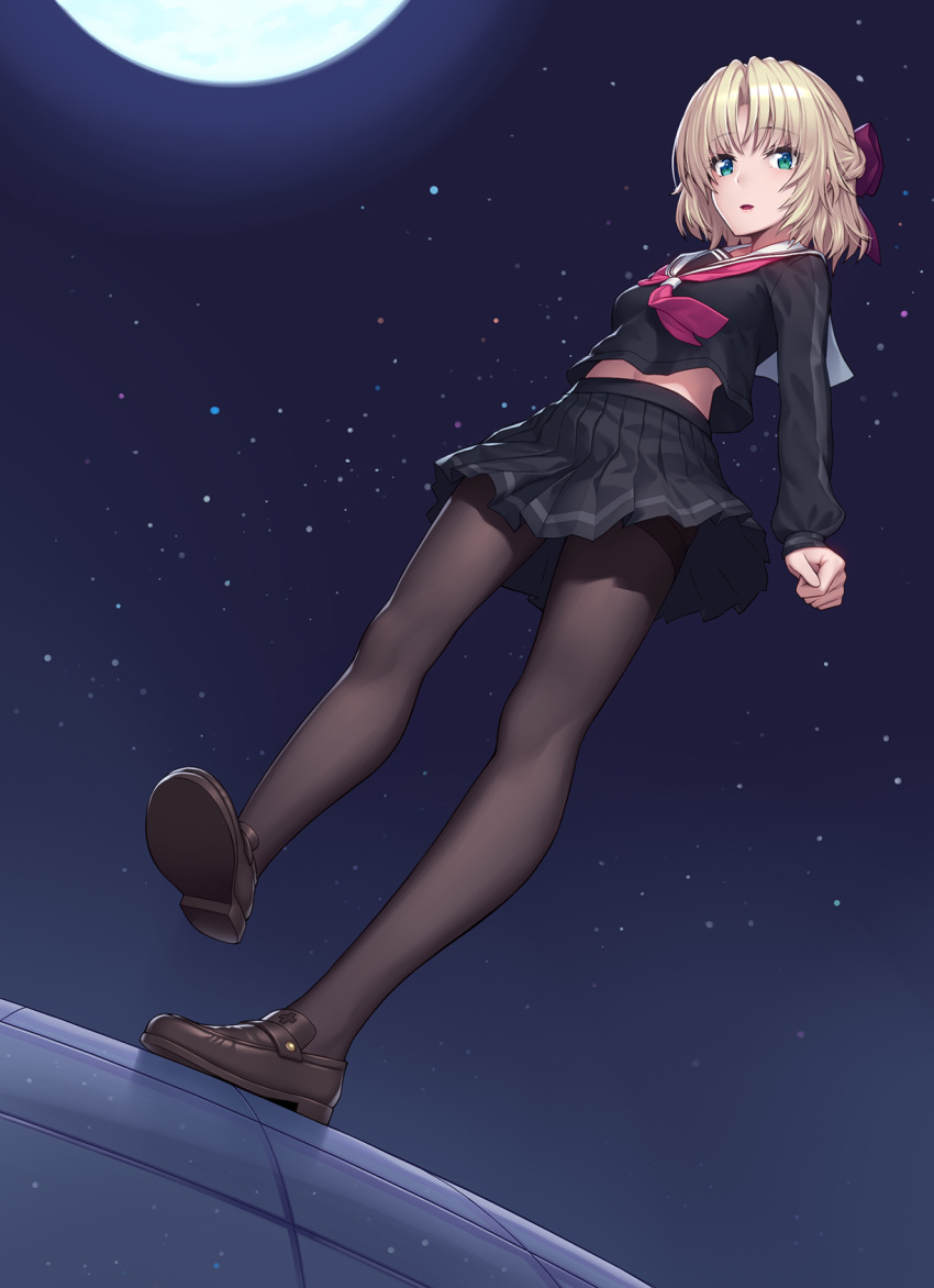 1girl athrun1120 black_legwear black_serafuku black_skirt blonde_hair green_eyes hair_ribbon highres loafers looking_at_viewer medium_hair memories_off moon neckerchief night night_sky pantyhose pleated_skirt red_neckerchief red_ribbon ribbon school_uniform serafuku shoes skirt sky solo star_(sky)