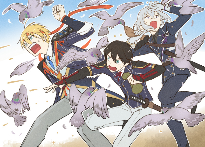 3boys aqua_eyes armor bag bird black_hair blonde_hair collared_shirt gloves headband honebami_toushirou horikawa_kunihiro japanese_armor kote male_focus military military_uniform multiple_boys necktie open_mouth pants pigeon purple_eyes running sheath sheathed shirt shoulder_armor sode sword touken_ranbu uniform wakizashi watakei_(16161717) weapon white_gloves white_hair white_pants yamanbagiri_kunihiro yamanbagiri_kunihiro_(kiwame)