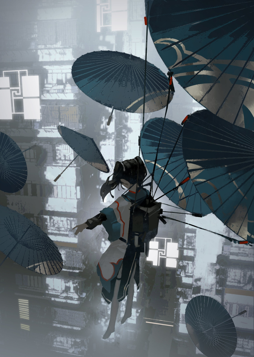 1girl absurdres backpack bag barefoot black_hair blue_umbrella chinese_clothes dress highres long_hair long_sleeves midair oil-paper_umbrella original solo thigh_strap tuoer twintails umbrella white_dress