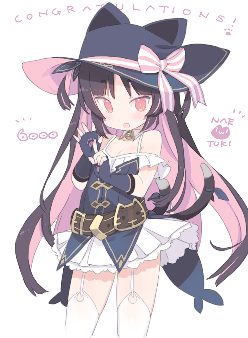 1girl :d animal_ears animal_hat bare_shoulders black_hair black_headwear blade_(galaxist) cat_ears cat_hat cat_tail commentary_request congratulations dress fake_animal_ears fang finger_counting garter_straps hands_up hat highres long_hair looking_at_viewer milestone_celebration multicolored_hair multiple_tails nekoyama_nae off-shoulder_dress off_shoulder pink_hair pleated_dress red_eyes simple_background smile solo standing tail thighhighs toranoana two-tone_hair two_tails very_long_hair virtual_youtuber white_background white_dress white_legwear