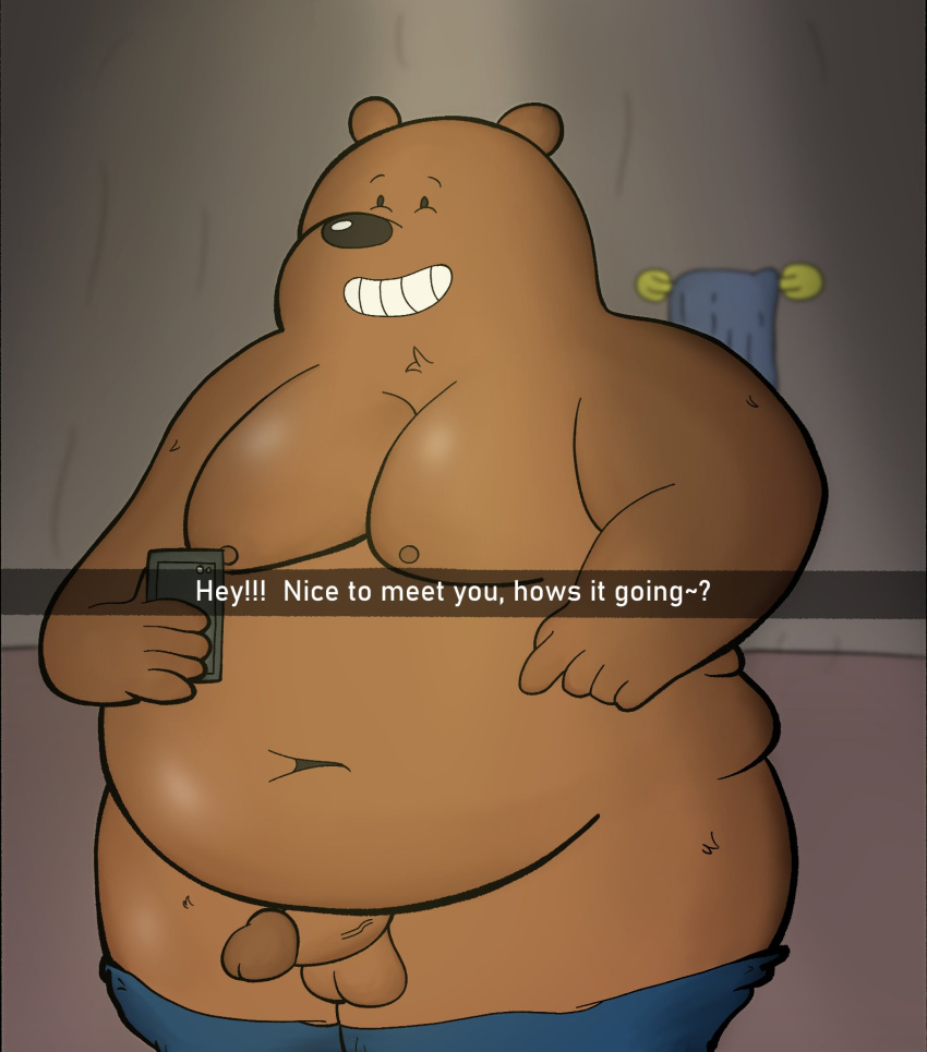 2022 balls belly big_belly brown_bear brown_body cartoon_network cellphone english_text erection genitals grizzly_(wbb) grizzly_bear hi_res humanoid_genitalia humanoid_hands humanoid_penis inside mammal moobs navel nipples penis phone sebboh smartphone text ursid ursine we_bare_bears