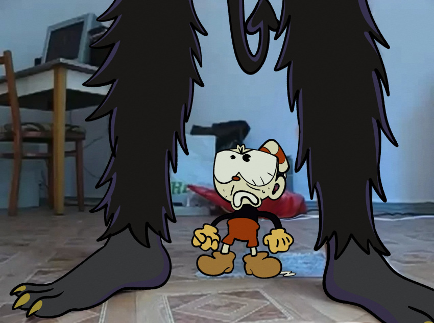 3_toes animate_inanimate black_body black_fur cuphead_(character) cuphead_(game) cursed_image demon duo feet fur hi_res humanoid humor mahmapuu male screencap spade_tail the_devil_(cuphead) toes video_games worried