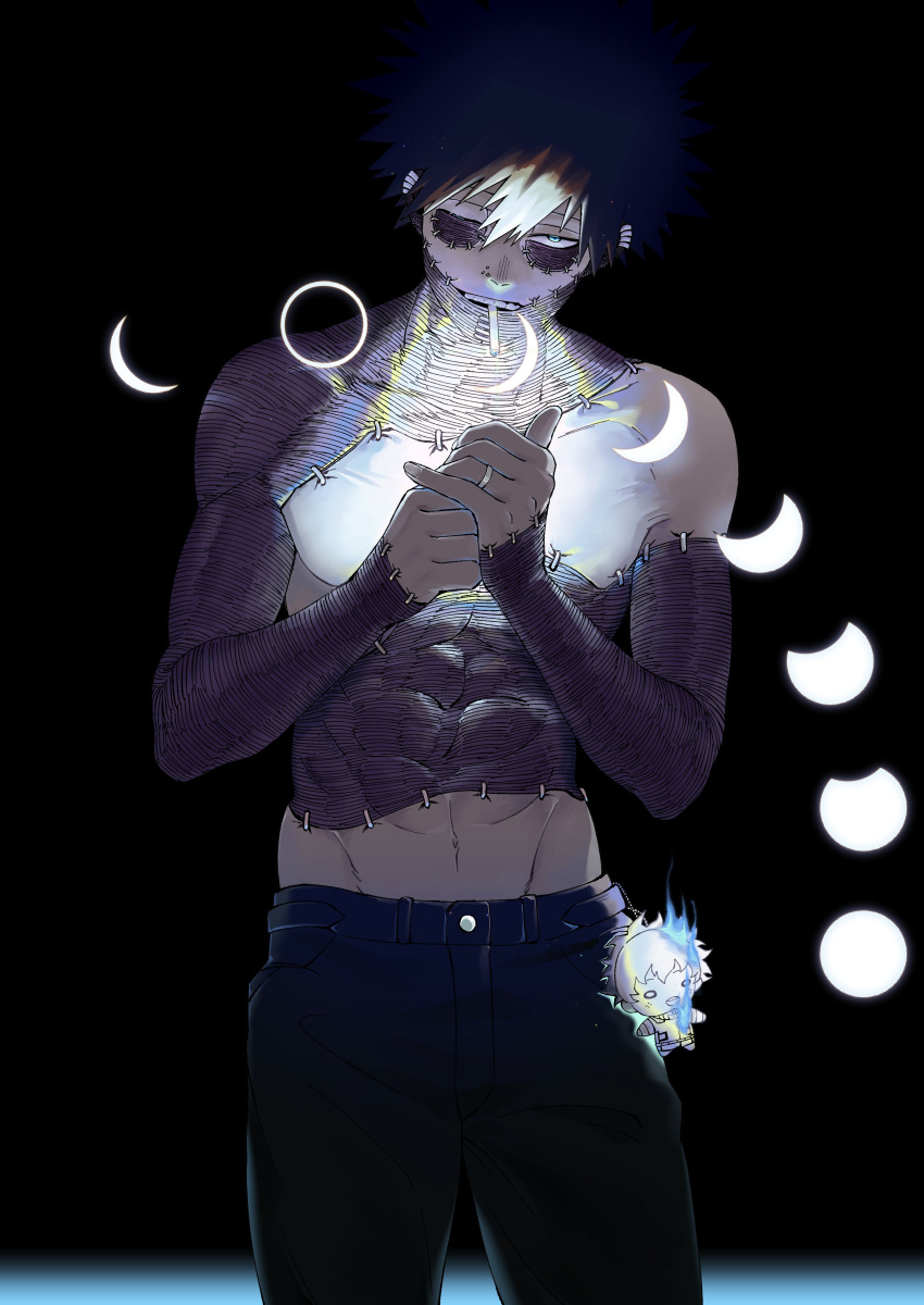 1boy abs absurdres aranciojelyfish bangs belt black_background black_belt black_hair black_pants blue_eyes blue_fire boku_no_hero_academia burn_scar character_doll charm_(object) cigarette contrapposto crescent_moon dabi_(boku_no_hero_academia) ear_piercing evil_smile fire full_moon gibbous_moon head_down head_tilt highres hip_bones holding holding_sword holding_weapon keychain looking_at_viewer male_focus midoriya_izuku moon moon_phases multiple_moons multiple_piercings navel new_moon nose_piercing one_eye_closed own_hands_together pants piercing scar scar_on_arm scar_on_chest scar_on_face scar_on_hand scar_on_neck short_hair smile solo spiked_hair stapled stitches sword teeth_hold toned toned_male topless_male weapon white_hair