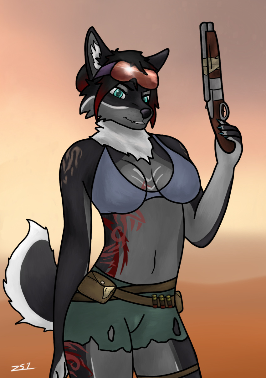 animal_humanoid belt black_hair blue_eyes blue_nails bottomwear bra breasts canid canid_humanoid canine canine_humanoid canis clothing colored_nails eyewear eyewear_on_head female fur fur_markings goggles goggles_on_head grey_body grey_fur gun hair hair_bun hi_res humanoid inner_ear_fluff jacki_northstar mammal mammal_humanoid markings nails ranged_weapon red_hair shell_(projectile) shorts shotgun shotgun_shell smile solo tattoo torn_clothing tuft underwear weapon wolf wolf_humanoid zees1