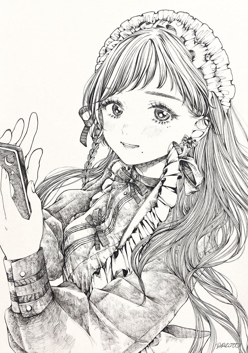 1girl beige_background bow braid cellphone crescent earrings fingernails frills greyscale hatching_(texture) highres holding holding_phone jewelry long_hair looking_at_viewer maid maid_headdress mole mole_under_eye mole_under_mouth monochrome original parted_lips phone roroichi signature simple_background smile solo star_(symbol) upper_body