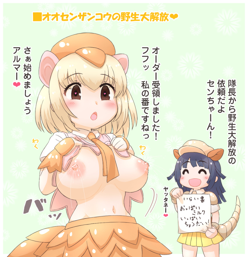 2girls ^_^ animal_ears armadillo_ears armadillo_tail bangs black_hair blonde_hair blush breasts brown_eyes closed_eyes clothes_lift crested_porcupine_(kemono_friends) eyebrows_visible_through_hair giant_armadillo_(kemono_friends) hair_between_eyes hands_up hat heart heart-shaped_pupils kemono_friends lactation large_breasts lifted_by_self long_hair medium_hair mikan_toshi multiple_girls nipples open_mouth porcupine_ears shirt shirt_lift skirt smile symbol-shaped_pupils tail translation_request