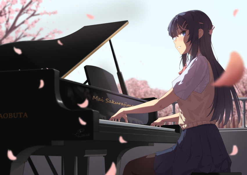 1girl bangs beige_sweater black_hair black_legwear black_skirt blue_eyes blush bow bowtie cherry_blossoms from_side hair_ornament hairclip highres instrument long_hair music pantyhose piano playing_instrument playing_piano pleated_skirt raiz_art_works red_bow red_bowtie sakurajima_mai seishun_buta_yarou shirt short_sleeves sitting skirt solo sweater sweater_vest uniform