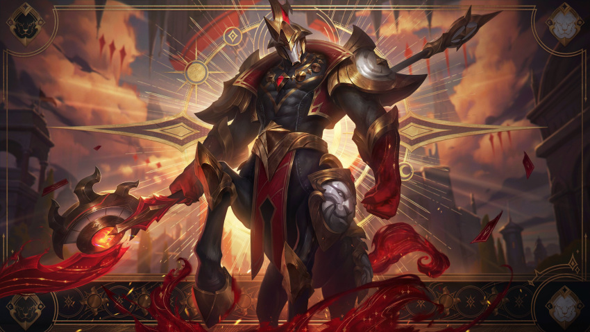 1boy abs armor artist_request bare_pectorals biceps centaur clenched_hand cloud cloudy_sky dark-skinned_male dark_skin day gauntlets halberd hecarim highres jacket jewelry league_of_legends leg_armor loincloth looking_at_viewer male_focus mask moon_(symbol) muscular muscular_male necklace official_art open_clothes open_jacket outdoors pectorals polearm shoulder_armor sky solo sun_symbol tarot tattoo taur the_chariot_(tarot) weapon