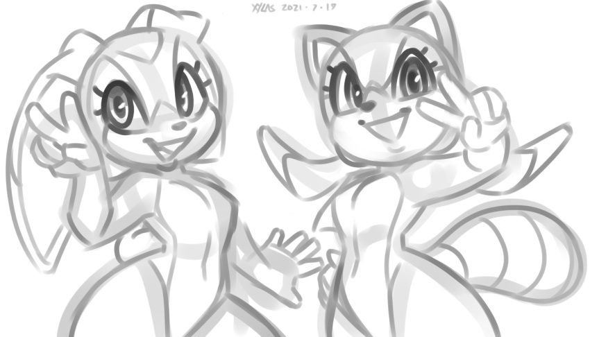 2021 7:4 anthro big_eyes breasts buckteeth clothing cream_the_rabbit duo eyelashes female female/female gesture hand_on_hip lagomorph leporid long_ears looking_at_viewer mammal marine_the_raccoon markings monochrome one-piece_swimsuit procyonid rabbit raccoon sega short_tail simple_background sketch small_breasts smile sonic_the_hedgehog_(series) striped_markings striped_tail stripes swimwear tail_markings teeth thick_thighs v_sign white_background wide_hips xylas