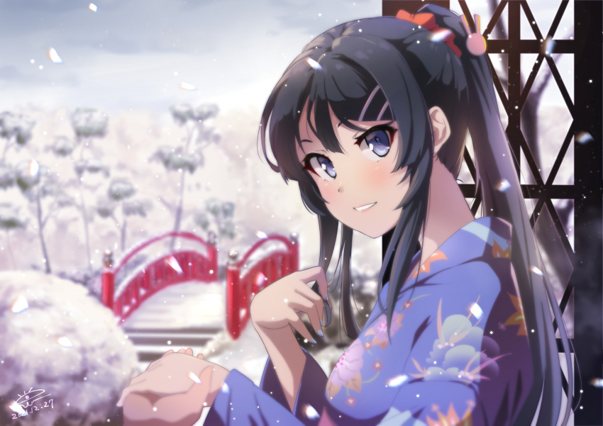 1girl bangs black_hair blue_eyes blue_kimono blue_nails blush bridge hair_ornament hair_tie hairclip highres holding_hands japanese_clothes kimono long_hair looking_at_viewer ponytail raiz_art_works sakurajima_mai seishun_buta_yarou smile snowing solo winter yukata