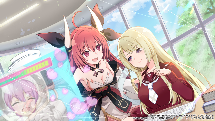 2girls :d ahoge artist_request assault_lily bangs bare_shoulders black_bow blonde_hair blue_sky book bow breasts brown_sailor_collar cleavage closed_mouth cloud collarbone crossover date_a_live day dutch_angle eyebrows_visible_through_hair hair_between_eyes hand_on_another's_shoulder hand_up highres holding holding_paper holographic_monitor horn_bow horn_ornament horns indoors itsuka_kotori japanese_clothes jewelry kanba_girls_high_school_uniform keyboard_(computer) kimono leaning_forward lens_flare light_blush long_hair long_sleeves looking_at_another looking_at_object medium_breasts miyagawa_takane multiple_girls necktie obi off-shoulder_kimono official_art open_mouth paper purple_eyes red_eyes red_hair red_shirt ring sailor_collar sash school_uniform serafuku shirt short_necktie sidelocks sitting sky smile standing table tree watermark white_horns white_kimono white_necktie wide_sleeves