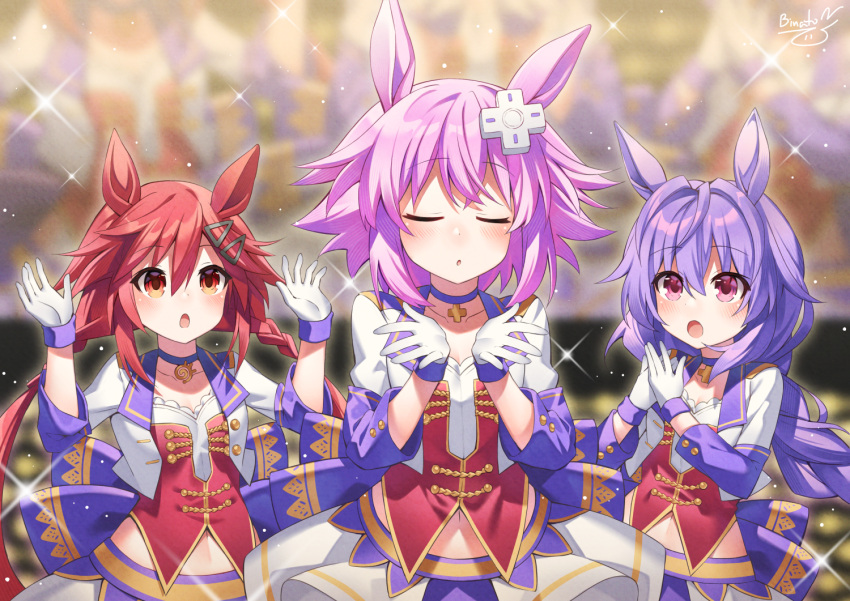 3girls :o animal_ears april_fools binato_lulu blush braid braided_ponytail breasts cleavage closed_eyes commentary cosplay cropped_jacket d-pad d-pad_hair_ornament english_commentary facing_viewer gloves hair_ornament hairclip hands_up jacket jewelry kemonomimi_mode long_hair looking_at_another medium_hair messy_hair midriff midriff_peek multiple_girls navel necklace neptune_(neptune_series) neptune_(series) orange_eyes own_hands_together parted_lips pink_eyes pink_hair purple_eyes purple_hair pururut red_eyes red_hair red_vest sparkle tennouboshi_uzume twin_braids twintails uma_pyoi_densetsu umamusume very_long_hair vest white_gloves white_jacket