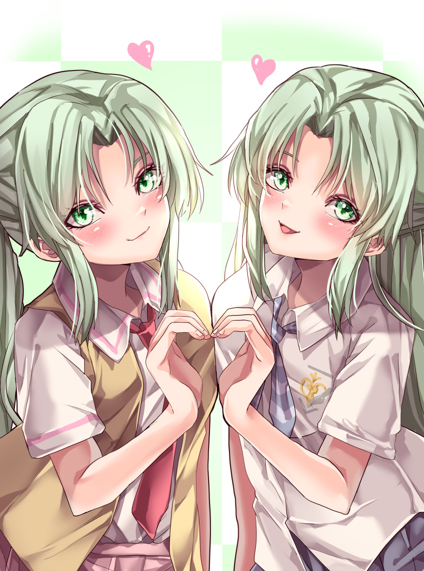 2girls absurdres beige_vest blue_neckerchief blush checkered_background closed_mouth collared_shirt commentary_request eyebrows_behind_hair green_background green_eyes green_hair head_tilt heart heart_hands heart_hands_duo highres higurashi_no_naku_koro_ni looking_at_viewer maboroshi_mochi multiple_girls neckerchief necktie open_mouth red_necktie shirt short_hair smile sonozaki_mion sonozaki_shion striped_neckerchief white_shirt