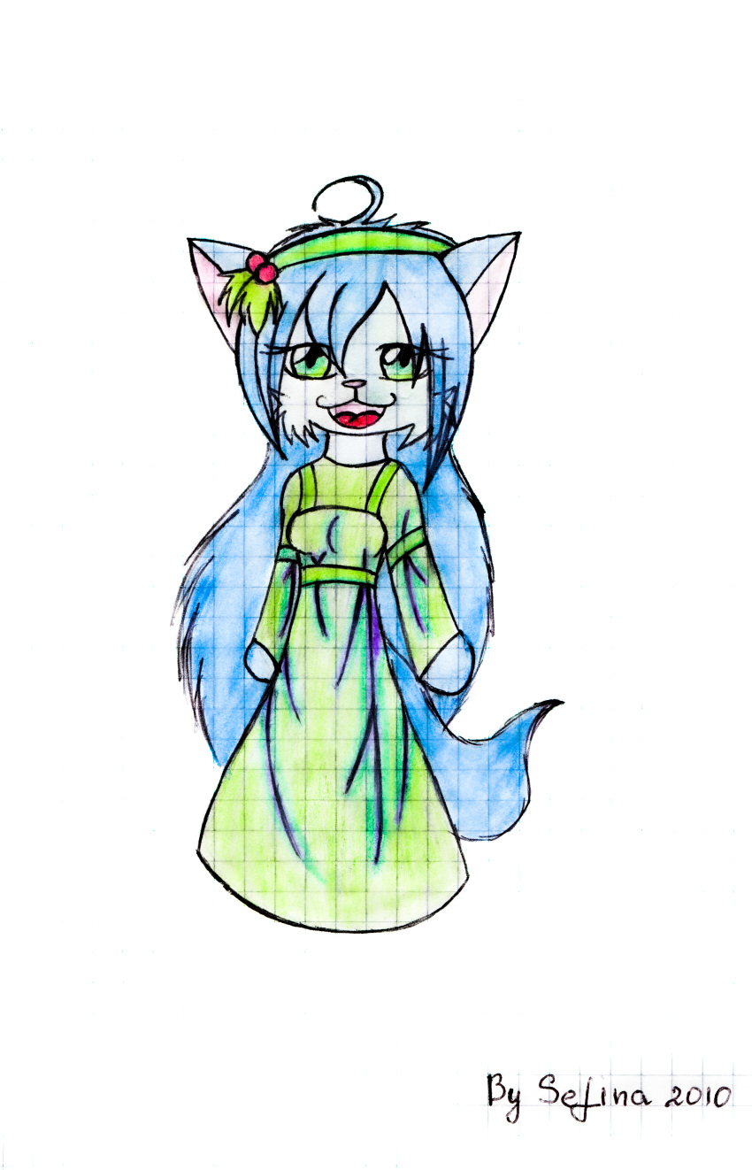 absurd_res ahoge cat_smile clothing domestic_cat dress felid feline felis female green_eyes hair happy hi_res mammal open_mouth selina selinatc traditional_media_(artwork) wreath