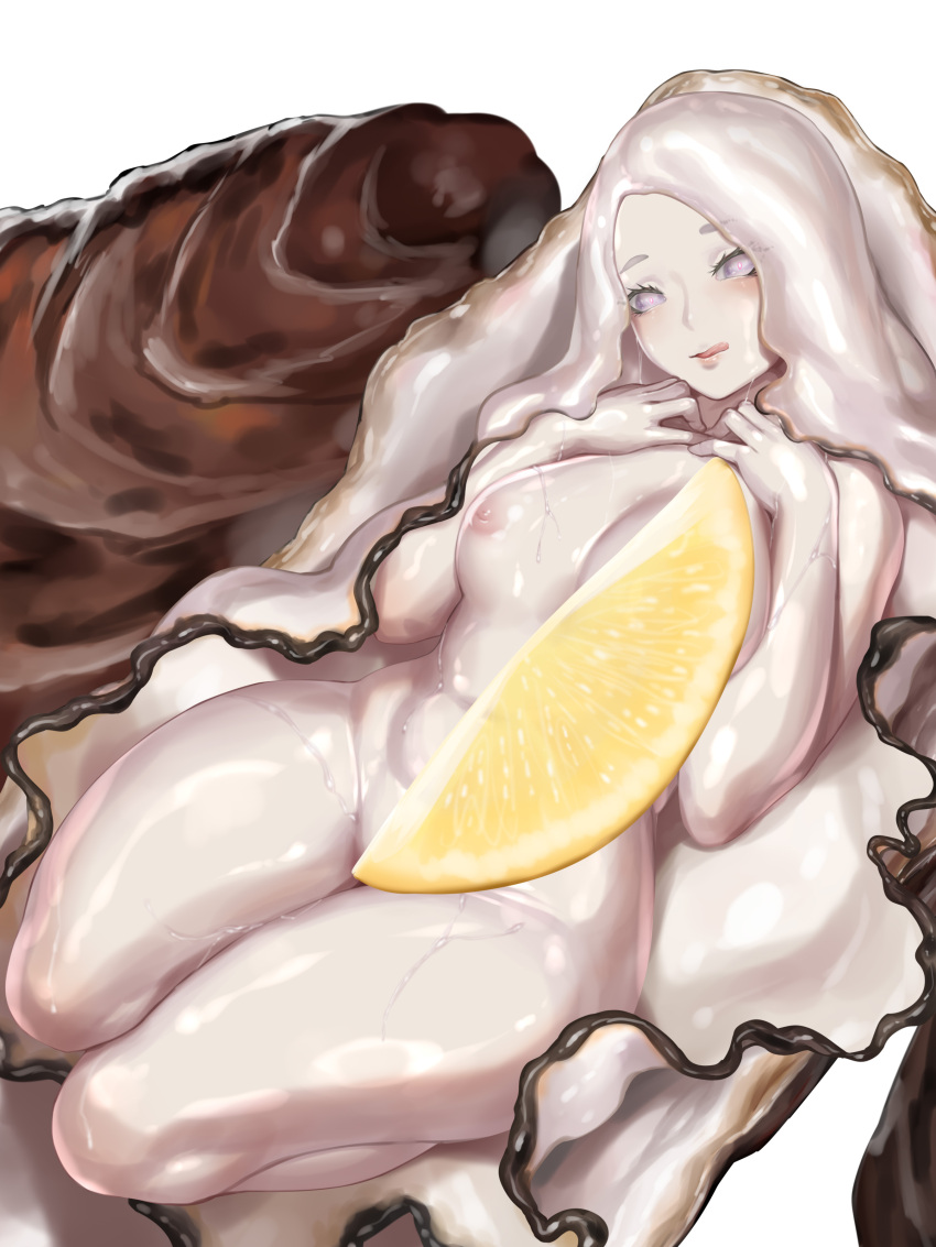 1girl :q absurdres bangs breasts commentary completely_nude convenient_censoring eyelashes food food_focus forehead fruit grey_hair highres kumiko_shiba large_breasts legs_folded lemon lemon_slice long_hair looking_at_viewer nipples nude original oyster parted_bangs shiny shiny_skin simple_background solo thick_thighs thighs tongue tongue_out white_background white_hair