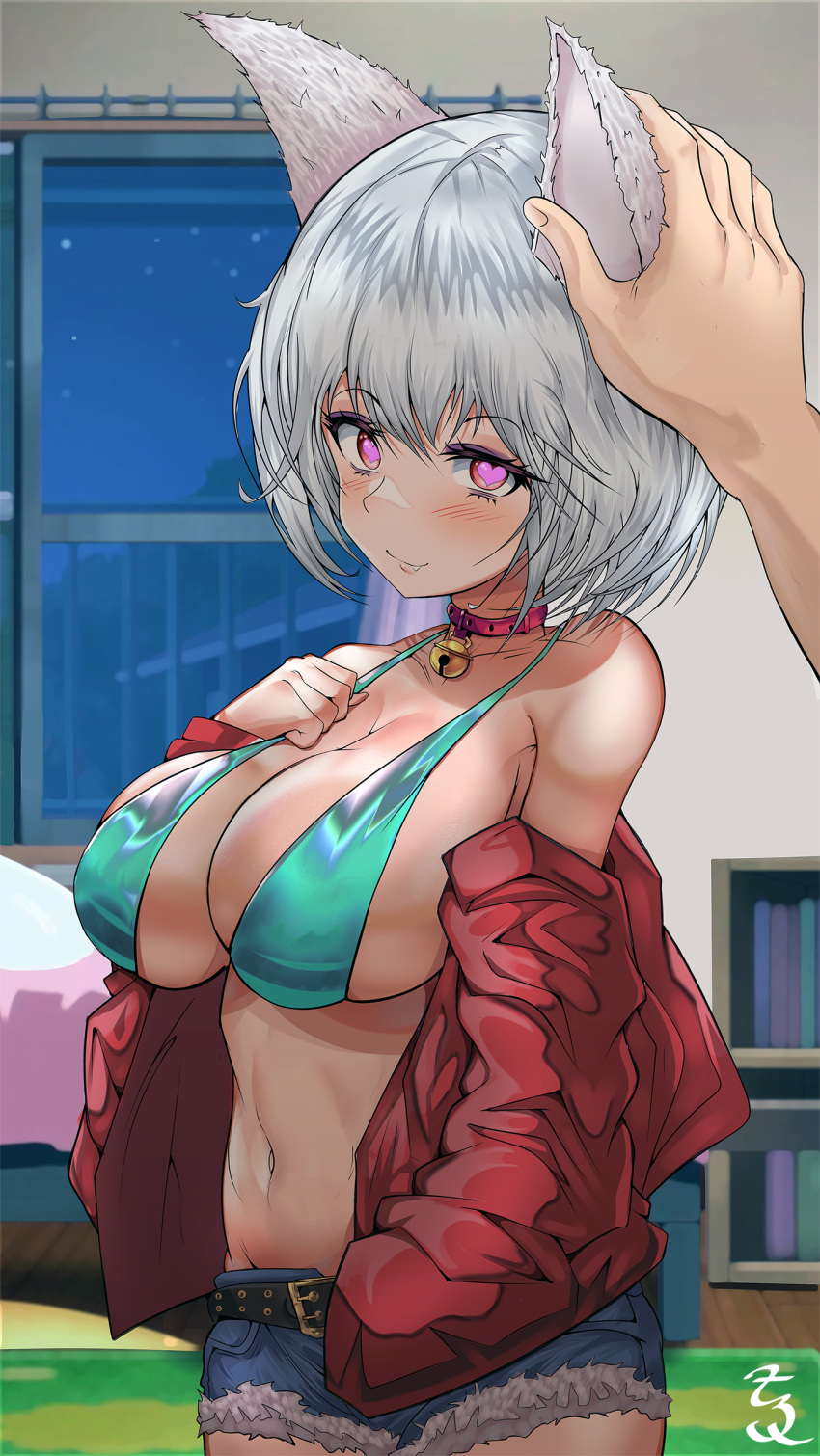 1girl absurdres bare_shoulders belt breasts cat_girl cleavage closed_mouth commentary curled_fingers denim eyebrows_visible_through_hair fang grey_hair hand_in_pocket hand_on_own_chest headpat heart heart-shaped_pupils highres huge_breasts hypnosis indoors looking_at_viewer mind_control navel night night_sky off_shoulder original short_shorts shorts sky solo star_(sky) starry_sky swimsuit symbol-shaped_pupils t3x