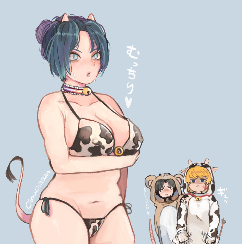 1boy 2girls :o animal_costume annoyed apex_legends bikini black_eyes black_gloves black_hair blonde_hair blue_background blue_eyes blue_hair blush breasts cleavage collarbone cow_costume cow_girl cow_horns cow_tail crypto_(apex_legends) gloves hand_on_another's_shoulder highres horns medium_breasts mouse_costume multiple_girls navel oinu-chan onesie open_mouth parted_hair partially_fingerless_gloves smile sweat swimsuit tail wattson_(apex_legends) white_gloves wraith_(apex_legends)