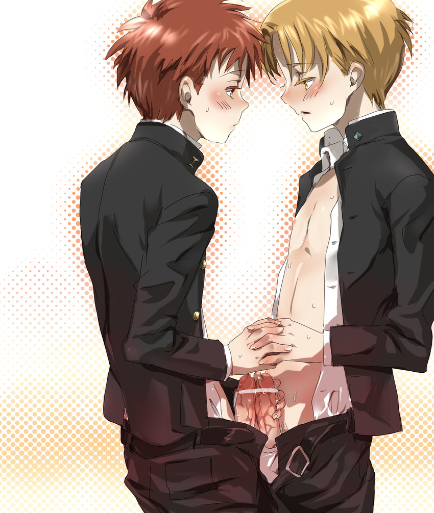 2boys blonde_hair brown_hair censored cum dicks_touching face-to-face face_to_face frottage hand_holding highres m_nyanyan male_focus multiple_boys multiple_penises open_clothes open_shirt penis penises_touching pink_eyes pointless_censoring school school_uniform schoolboy shirt standing unzipped yaoi yellow_eyes