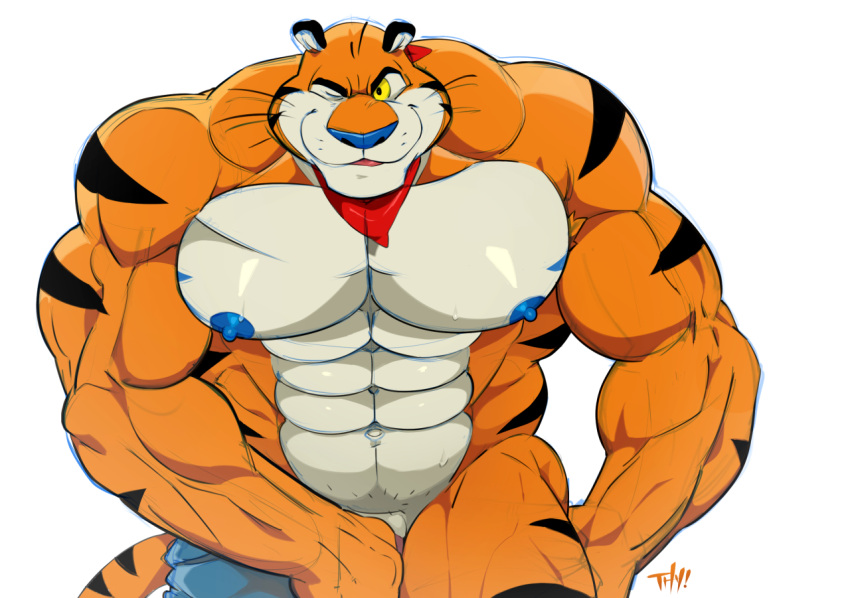abs anthro biceps blue_nose bottomwear bottomwear_down clothed clothing felid feline frosted_flakes kellogg's looking_at_viewer male mammal mascot muscular muscular_anthro muscular_male nipples pantherine pants pants_down partially_clothed pecs solo thymilph tiger tony_the_tiger whiskers yellow_body yellow_eyes