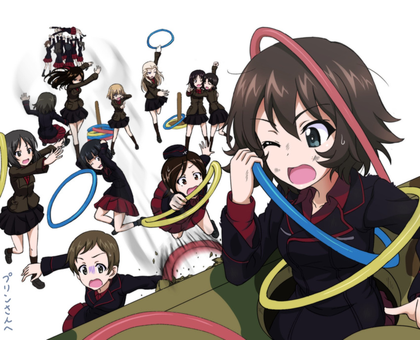 6+girls :o ;d ;o ^_^ akaboshi_koume alina_(girls_und_panzer) bangs black_footwear black_hair black_headwear black_jacket black_legwear black_skirt blonde_hair blue_eyes bob_cut brown_eyes brown_hair character_request check_character clara_(girls_und_panzer) closed_eyes commentary commission dress_shirt extra garrison_cap girls_und_panzer green_jacket hat highres hoop hug hula_hoop iruma_anna itsumi_erika itsumi_erika's_gunner itsumi_erika's_loader jacket katyusha_(girls_und_panzer) key_(gaigaigai123) kojima_emi kuromorimine_military_uniform long_hair long_sleeves low_twintails mauko_(girls_und_panzer) messy_hair military_hat multiple_girls nina_(girls_und_panzer) nonna_(girls_und_panzer) one_eye_closed open_mouth pleated_skirt pravda_military_uniform raised_fist red_shirt red_skirt sangou_(girls_und_panzer) shaded_face shirt short_hair short_twintails silver_hair simple_background skirt smile swept_bangs throwing thumbs_up translated turtleneck twintails white_background wing_collar