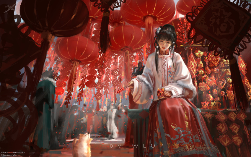 6+girls animal bangs black_hair cat chinese_clothes coat dress firecrackers food hair_ornament hanfu happy_new_year highres holding holding_food lantern long_hair multiple_girls new_year original red_lantern sitting standing wlop