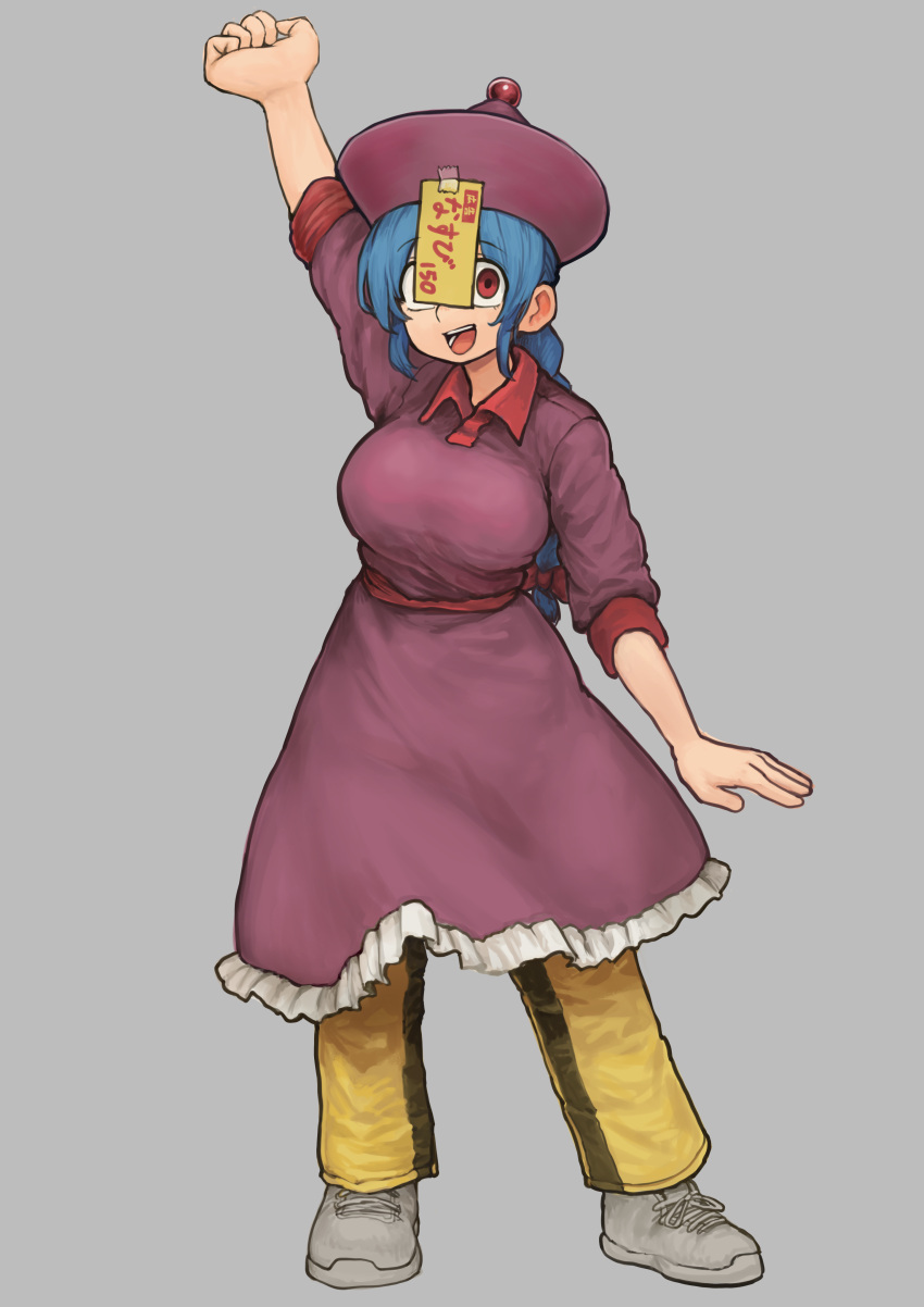 1girl :d absurdres blue_hair braid chanta_(ayatakaoisii) dress full_body grey_background grey_footwear hand_up hat highres jiangshi_(chanta) long_hair looking_at_viewer ofuda ofuda_on_clothes one_eye_covered original pants red_dress red_eyes red_headwear sash shoes simple_background smile solo translation_request yellow_pants