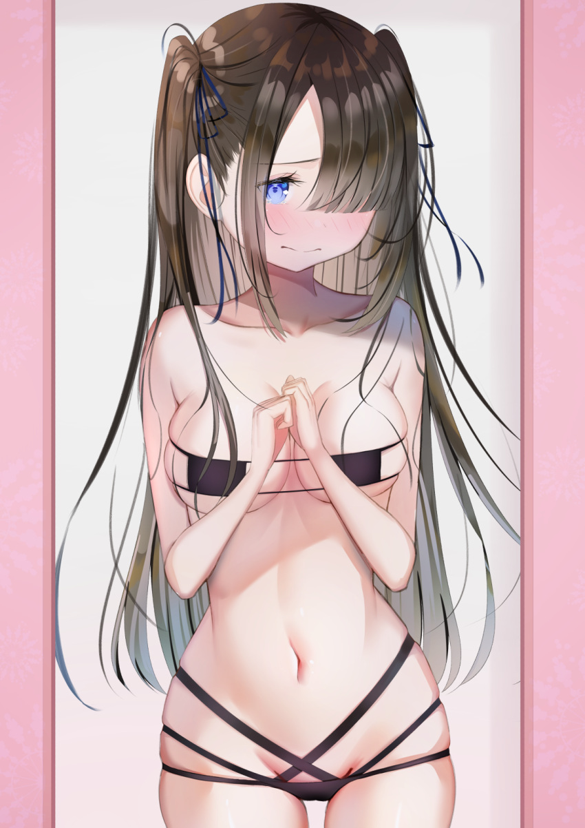 1girl bare_arms bikini black_hair blue_eyes blush breasts closed_mouth collarbone commentary_request embarrassed eyepatch_bikini fitting_room hair_ornament hair_over_eyes hair_over_one_eye hair_ribbon highres long_bangs long_hair navel original own_hands_together revealing_clothes ribbon sakura_yuu_(hzjy8485) small_breasts solo standing stomach swimsuit thigh_gap