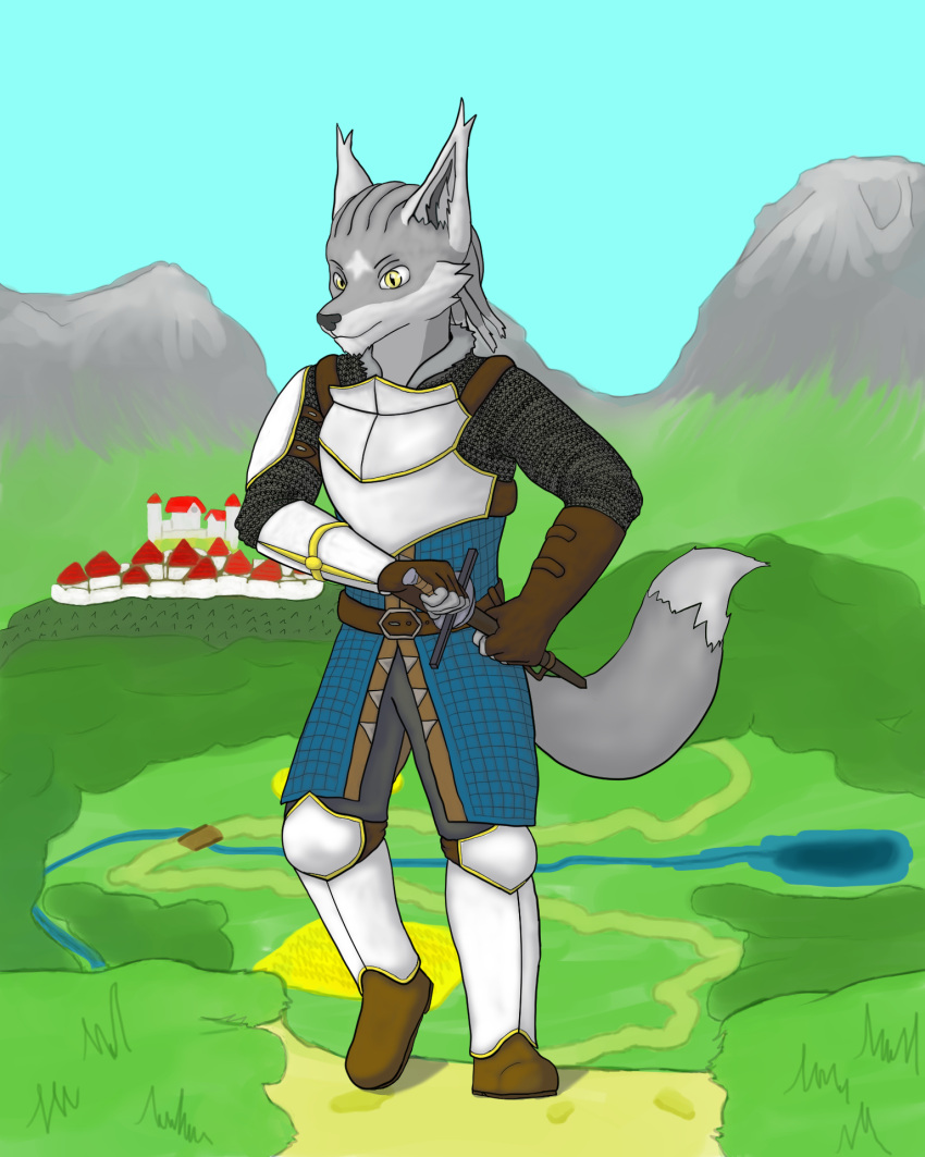 anthro arctic_fox armor canid canine chainmail city fantasy fields forest fox gambeson hi_res jakob_fon_torkar_(artist) landscape male mammal marquis_vienna_(character) medieval melee_weapon mountain plant plate_armor prince royalty solo sword tales_of_the_ashes_(series) tree weapon
