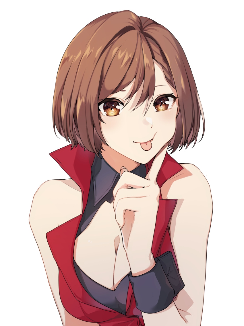 1girl :p absurdres brown_eyes brown_hair finger_to_cheek highres looking_at_viewer meiko short_hair sleeveless smile solo tongue tongue_out vocaloid white_background wrist_cuffs yen-mi