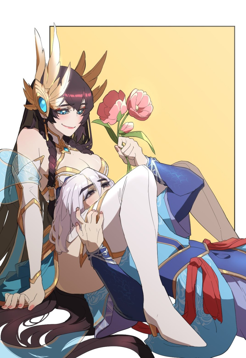 arm_support blue_eyes braid breasts ddlggoddadda detached_sleeves divine_sword_irelia enduring_sword_talon eyebrows_visible_through_hair flower green_eyes hair_between_eyes high_heels highres holding holding_flower irelia league_of_legends long_hair long_sleeves looking_at_another lying medium_breasts on_back sitting smile talon_(league_of_legends) thighhighs yellow_background