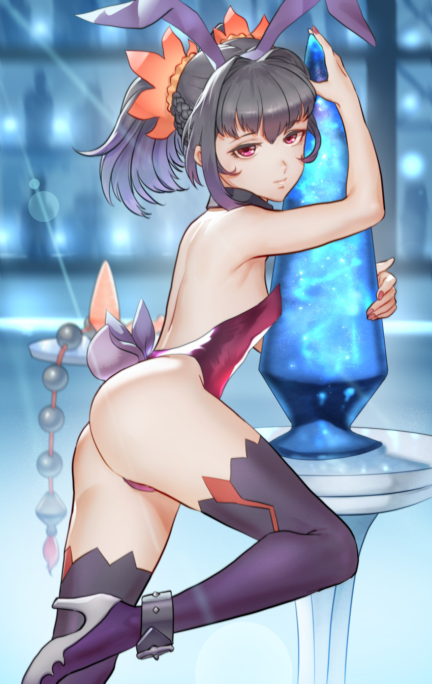 1girl animal_ears ass backless_outfit bare_arms black_hair braid closed_mouth fake_animal_ears from_side gradient_hair hair_intakes hairband high_heels highres kaze_fukeba_nanashi lens_flare leotard looking_at_viewer multicolored_hair nail_polish ponytail purple_hair purple_hairband purple_legwear purple_leotard rabbit_ears red_eyes red_nails saimon_(tales) solo strapless strapless_leotard tales_of_(series) tales_of_zestiria thighhighs white_footwear
