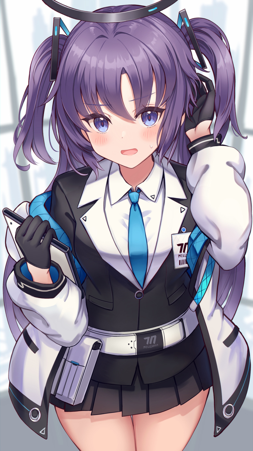 1girl black_gloves black_skirt blue_archive blush breasts commentary_request gloves hair_ornament halo highres id_card jacket long_hair medium_breasts necktie notepad open_clothes open_jacket purple_eyes purple_hair sakura_ani shirt skirt solo thighs twintails yuuka_(blue_archive)