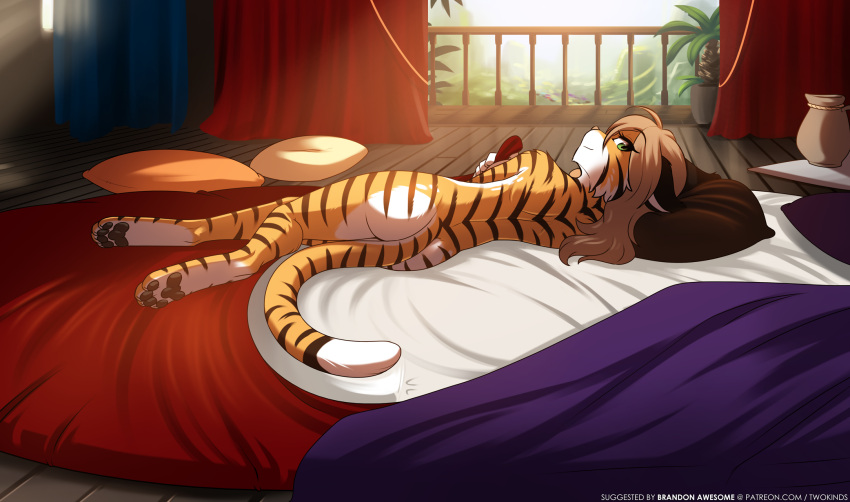 2022 anthro balcony bed bedroom brown_hair butt casual_nudity conditional_dnp digitigrade english_text felid female flora's_mom_(twokinds) fur furniture hair hi_res inside keidran looking_at_viewer looking_back lying mammal mature_female multicolored_body multicolored_fur nude on_bed on_side orange_body orange_fur pantherine pawpads rear_view smile solo striped_body striped_fur stripes text tiger tom_fischbach twokinds webcomic white_body white_fur