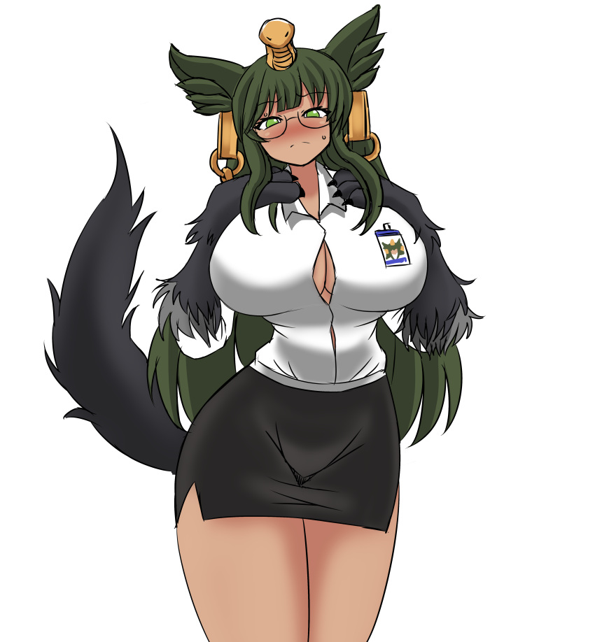 absurdres animal_ears anubis_(monster_girl_encyclopedia) arm_hair bare_legs blush breasts cleavage_cutout clothing_cutout deculture feet_out_of_frame glasses green_eyes green_hair highres huge_breasts id_card long_hair miniskirt monster_girl monster_girl_encyclopedia second-party_source side_slit skirt sweatdrop tail