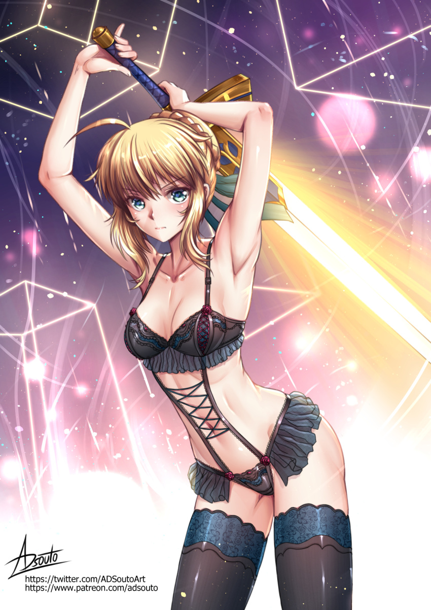 1girl adsouto ahoge armpits arms_up artist_name artoria_pendragon_(fate) black_bra black_legwear black_panties blonde_hair blue_eyes bra braid braided_bun breasts cleavage closed_mouth collarbone excalibur_(fate/stay_night) eyebrows_visible_through_hair fate/stay_night fate_(series) highres medium_breasts navel_piercing panties piercing saber shiny shiny_clothes shiny_legwear short_hair_with_long_locks sidelocks solo standing thighhighs underwear underwear_only watermark web_address