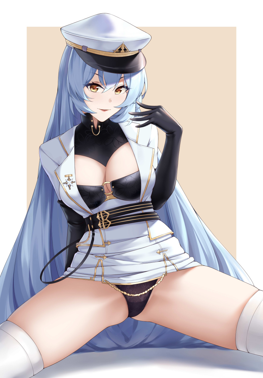 1girl absurdres arkhangelsk_(azur_lane) arm_behind_back arm_up azur_lane bangs black_gloves black_panties breasts closed_mouth coat coat_dress elbow_gloves eyebrows_visible_through_hair feet_out_of_frame gloves highres light_blue_hair light_brown_eyes lips long_hair looking_at_viewer medium_breasts nya_cot panties rubber_gloves simple_background sitting smile solo thighhighs underwear very_long_hair white_coat white_headwear white_legwear