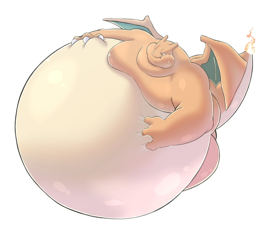 2022 ambiguous_gender anthro belly big_belly bird's-eye_view charizard claws hand_on_stomach hi_res high-angle_view membrane_(anatomy) membranous_wings morbidly_obese morbidly_obese_ambiguous nintendo norsu327 obese obese_ambiguous overweight overweight_ambiguous pok&eacute;mon pok&eacute;mon_(species) simple_background solo standing video_games white_background wings