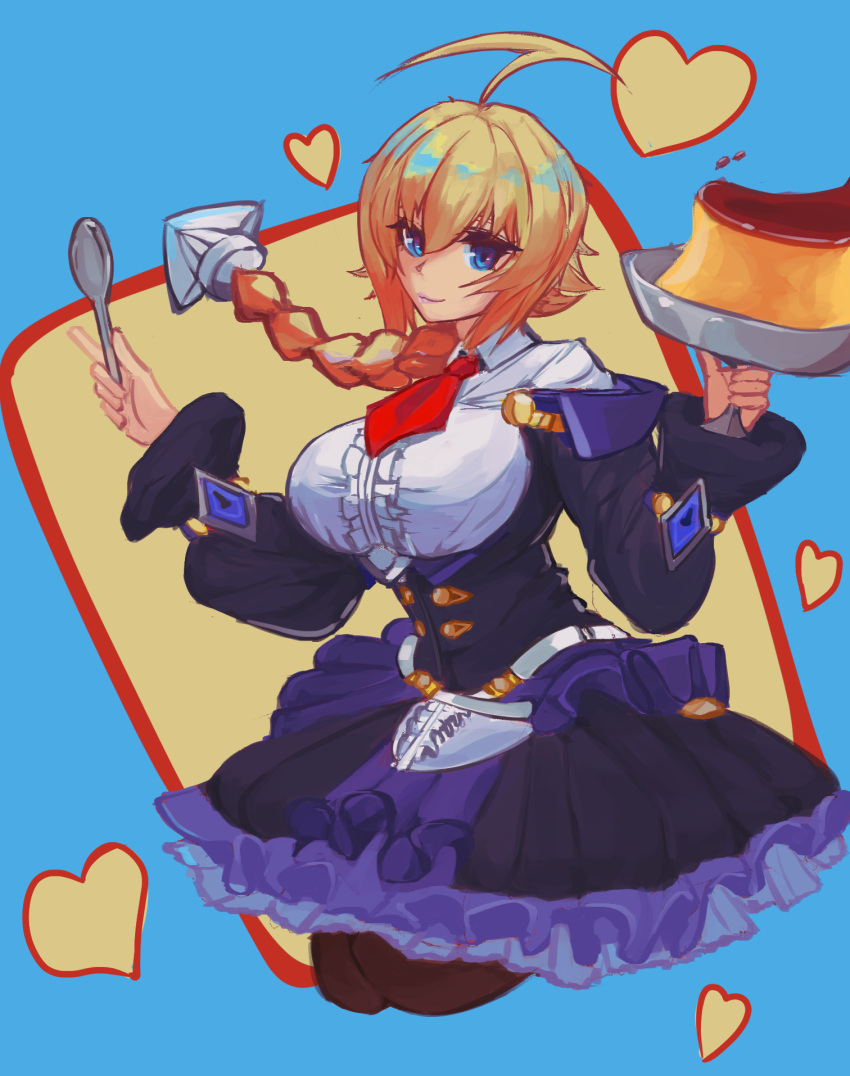 1girl ahoge blazblue blue_background blue_eyes braid braided_ponytail breasts brown_legwear corset dress es_(xblaze) food frilled_dress frills giga_pudding heart highres huge_ahoge large_breasts long_hair long_sleeves pantyhose pudding puffy_long_sleeves puffy_sleeves shortstack single_braid solo spoon taobaka xblaze xblaze_code:_embryo xblaze_lost:_memories