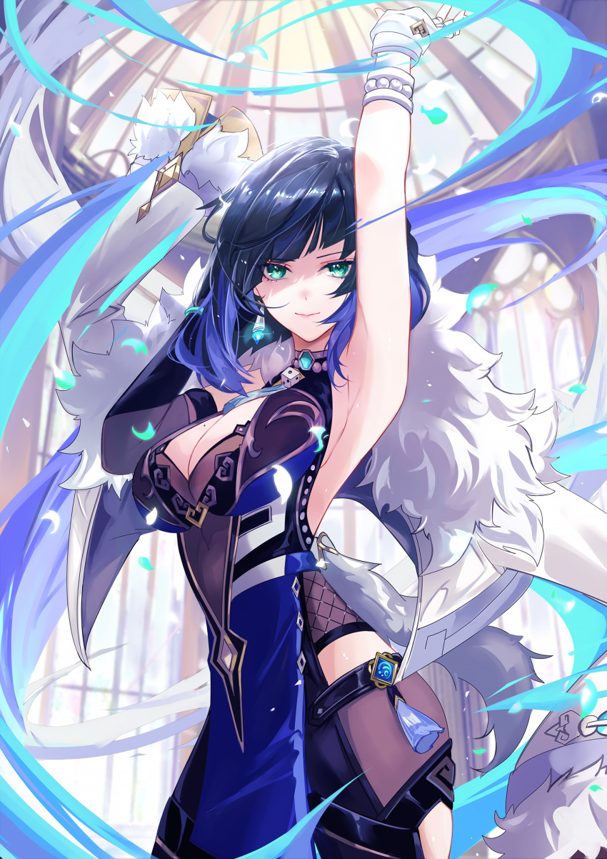 1girl arm_up armpits blue_dress blue_hair bob_cut breasts cleavage dress earrings fingerless_gloves fur_trim genshin_impact gloves green_eyes highres jacket jewelry large_breasts looking_at_viewer mole mole_on_breast short_hair solo vardan vision_(genshin_impact) white_gloves white_jacket yelan_(genshin_impact)