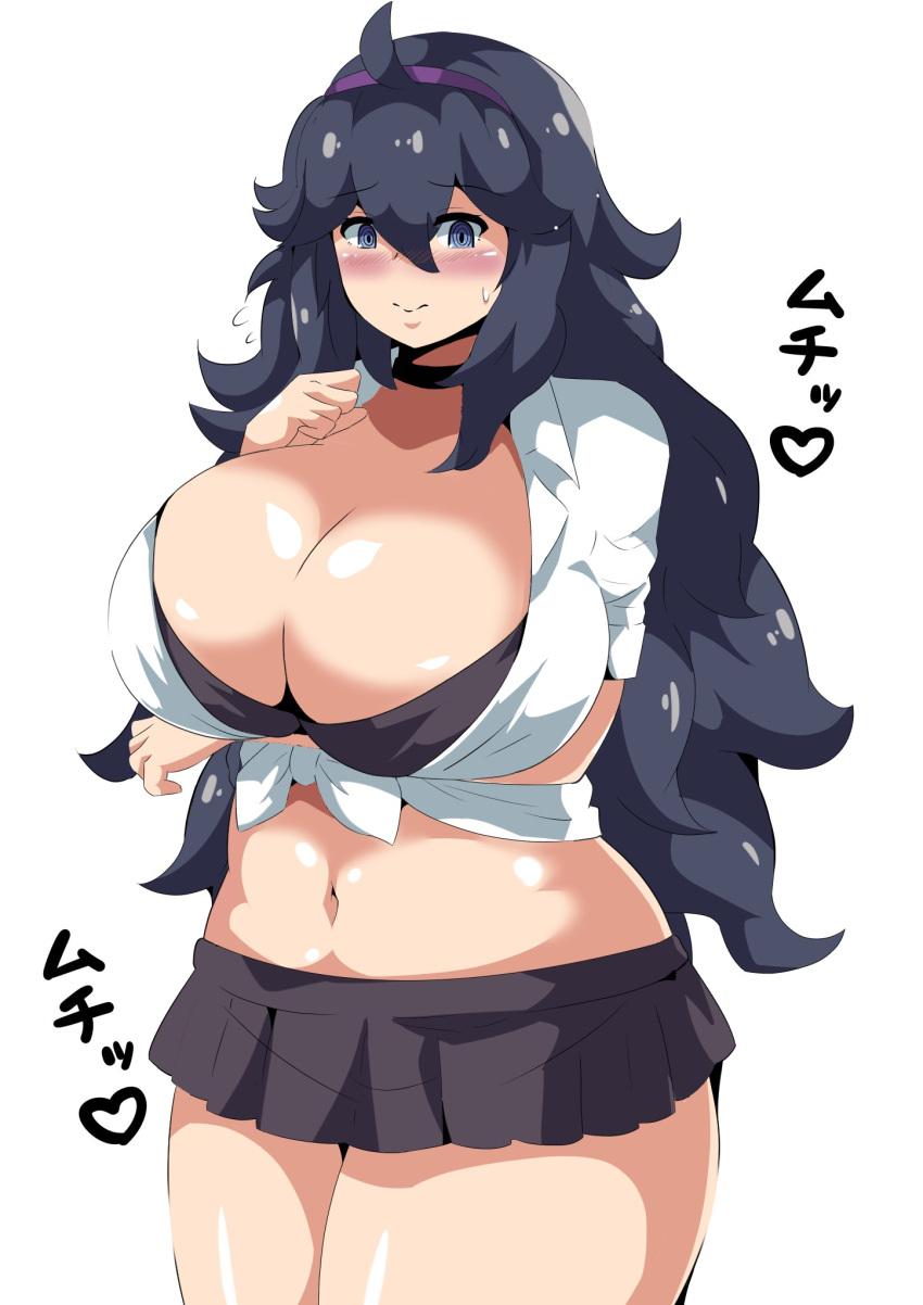 1girl ahoge alternate_costume black_bra blue_eyes blue_hair blush bra breast_hold breast_suppress breasts choker ciel_(bird-strike-3) cleavage cowboy_shot crop_top embarrassed flying_sweatdrops hairband hex_maniac_(pokemon) highres huge_breasts long_hair microskirt midriff navel plump pokemon pokemon_(game) pokemon_xy ringed_eyes shirt skirt solo sweatdrop thick_thighs thighs tied_shirt underwear very_long_hair white_shirt