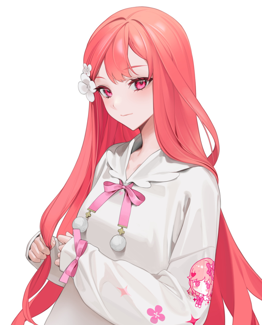 1girl bad_id bad_pixiv_id blush bow commentary_request cross eyebrows_visible_through_hair flower hair_bow hair_flower hair_ornament hatane_rona heart highres holding holding_hair kirara_akaru long_hair long_sleeves looking_at_viewer ohisashiburi original pink_eyes pom_pom_(clothes) promotional_art red_hair ribbon ribbon-trimmed_sleeves ribbon_trim simple_background smile solo star_(symbol) sweater white_background