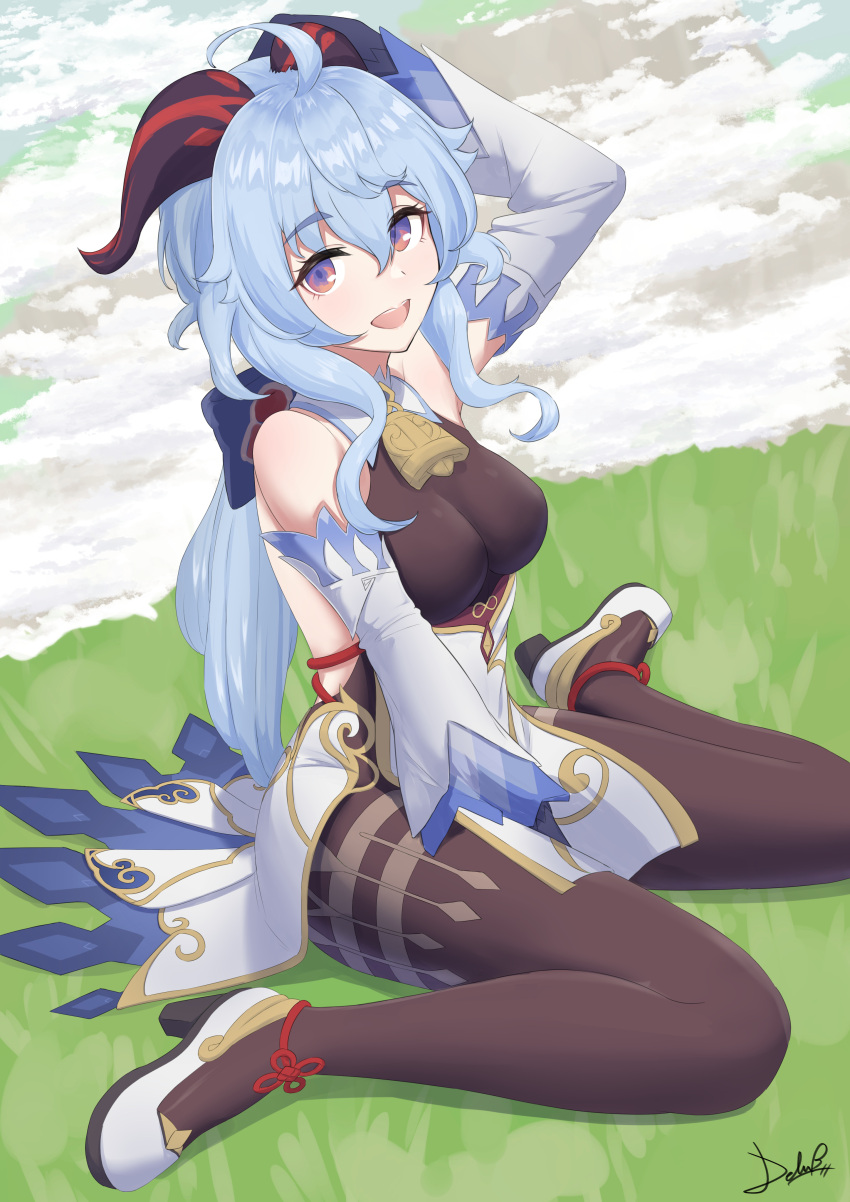 1girl absurdres ahoge bare_shoulders bell black_legwear blue_hair bow breasts cowbell detached_sleeves ganyu_(genshin_impact) genshin_impact gloves grass hair_bow half-closed_eyes hand_up highres long_sleeves looking_at_viewer medium_breasts purple_eyes seiza sitting smile strings-lover