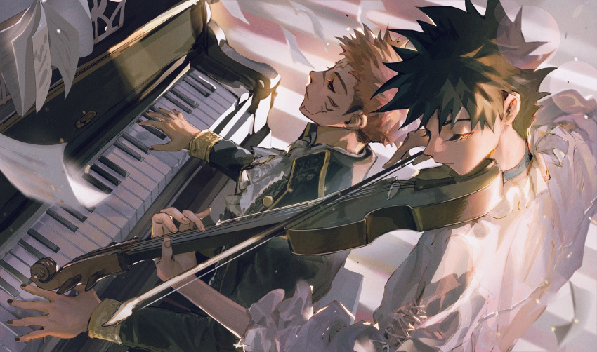 2boys ascot bangs black_hair black_nails bow bow_(music) closed_eyes closed_mouth extra_eyes frilled_shirt frills fushiguro_megumi hair_between_eyes highres holding holding_instrument instrument jacket jujutsu_kaisen long_sleeves male_focus multiple_boys music music_stand notes pants piano pink_hair playing_instrument playing_piano red_eyes ryoumen_sukuna_(jujutsu_kaisen) sheet_music shirt short_hair sitting spiked_hair standing violin white_ascot white_shirt woshihedawei